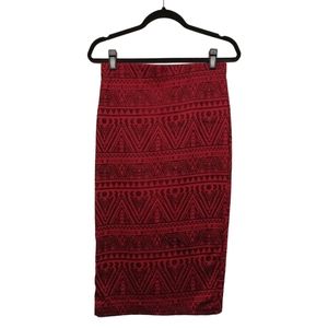 JESSE & J Black Tribal Stripe Print Pull On Deep Red Pencil Stretchy Skirt M